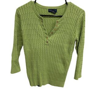 Karen Scott Petite Green Cable Knit 3/4 Sleeve Button Front Sweater Sz P Henley